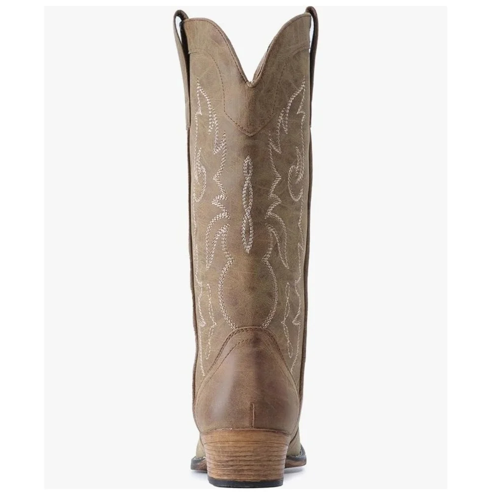 IUV Women's Western Cowboy Boots Taupe Embroidered Mid Calf Block Heel US 8